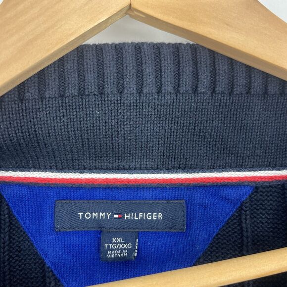 Tommy Hilfiger Sweater Size XXL Mens Navy Y2K V Neck Preppy Varsity Tennis - Picture 4 of 10
